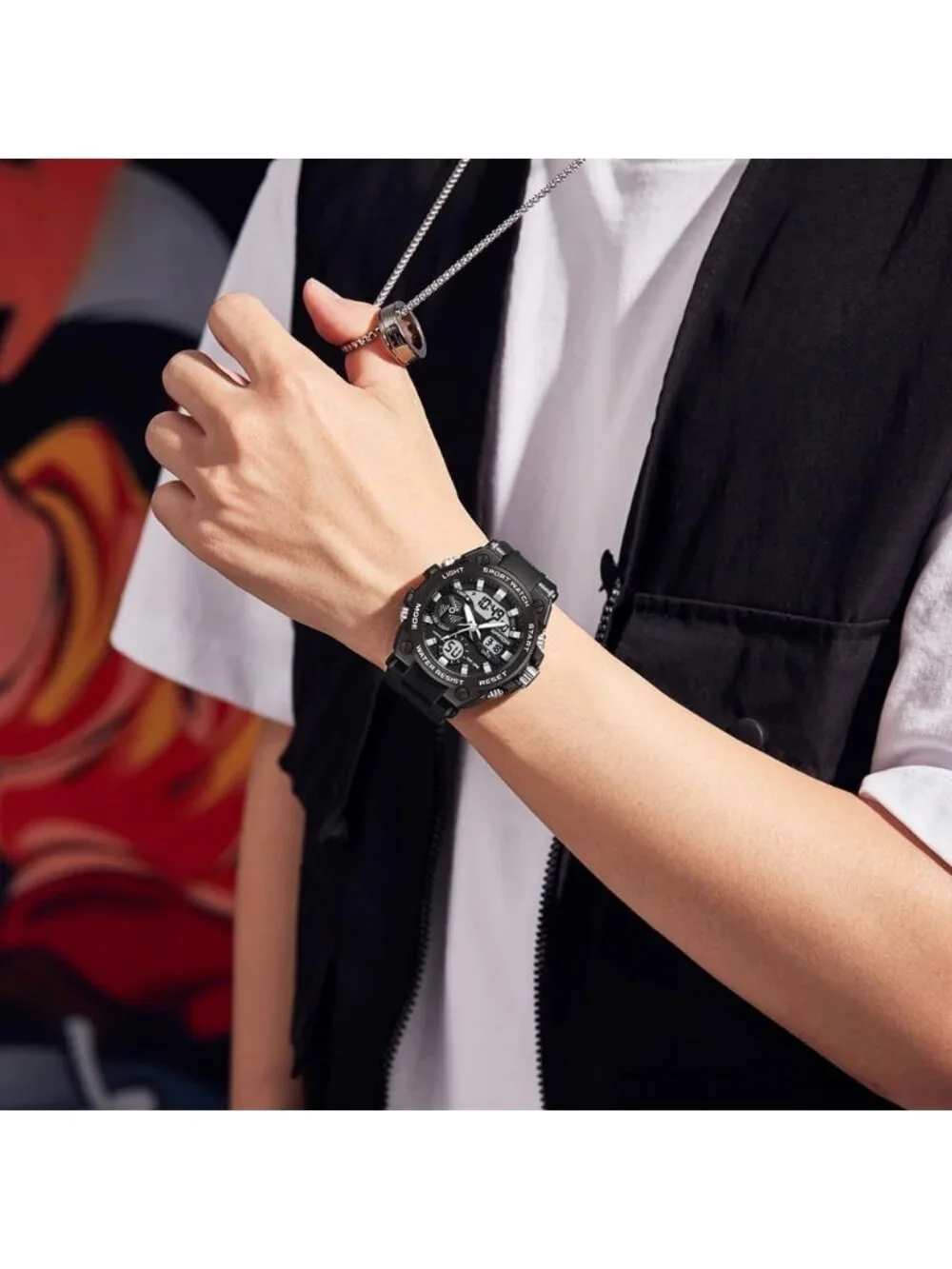 Men's Black And Grey Analog Quartz Sports Waterproof Military LED Digital Watch